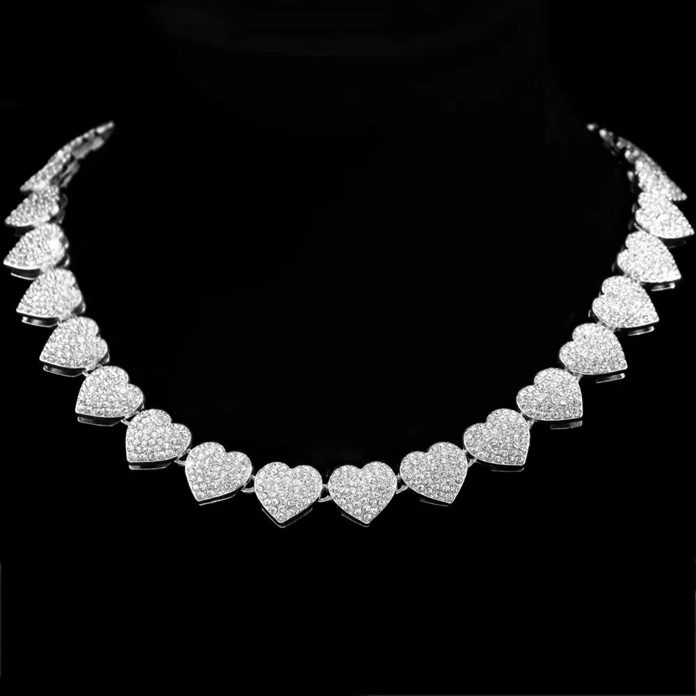 Bling Luxury Paved Crystal Heart Cuban Link Chain Necklace for Women Hip Hop Iced Out Round Square Tennis Chain Choker Jewelry