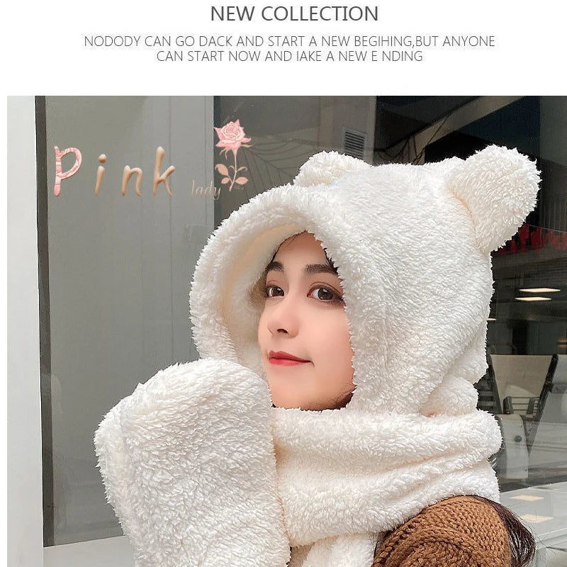 Cuddle Cozy Bear Ears Plush Hooded Scarf with Integrated Hand Warmers