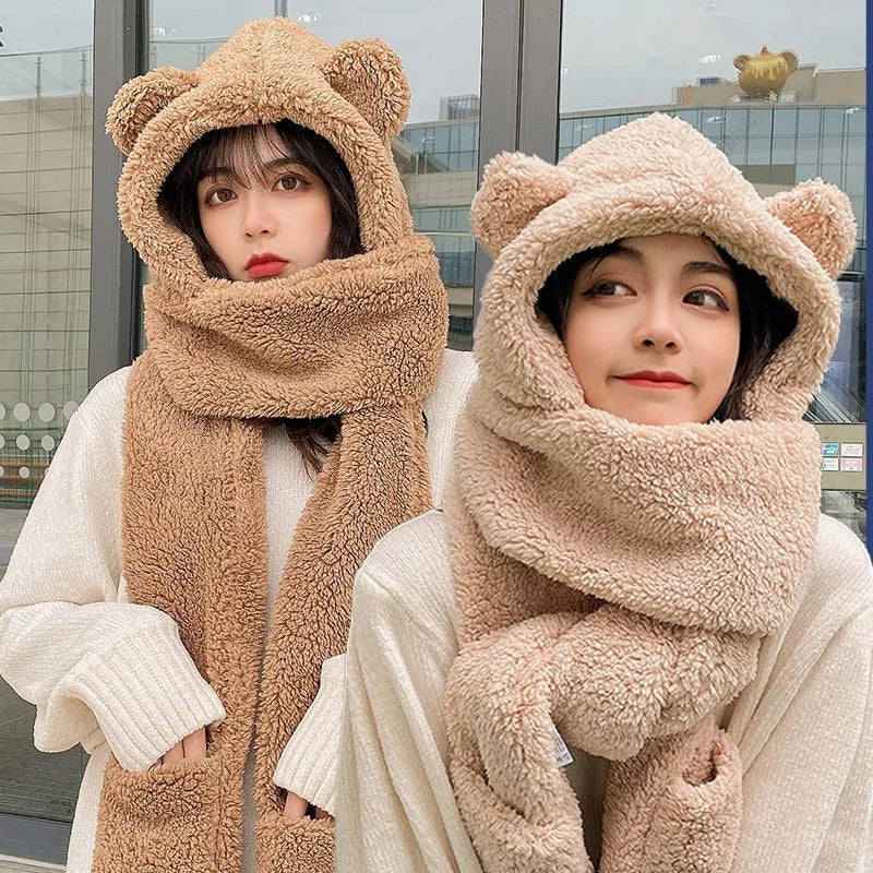 Cuddle Cozy Bear Ears Plush Hooded Scarf with Integrated Hand Warmers